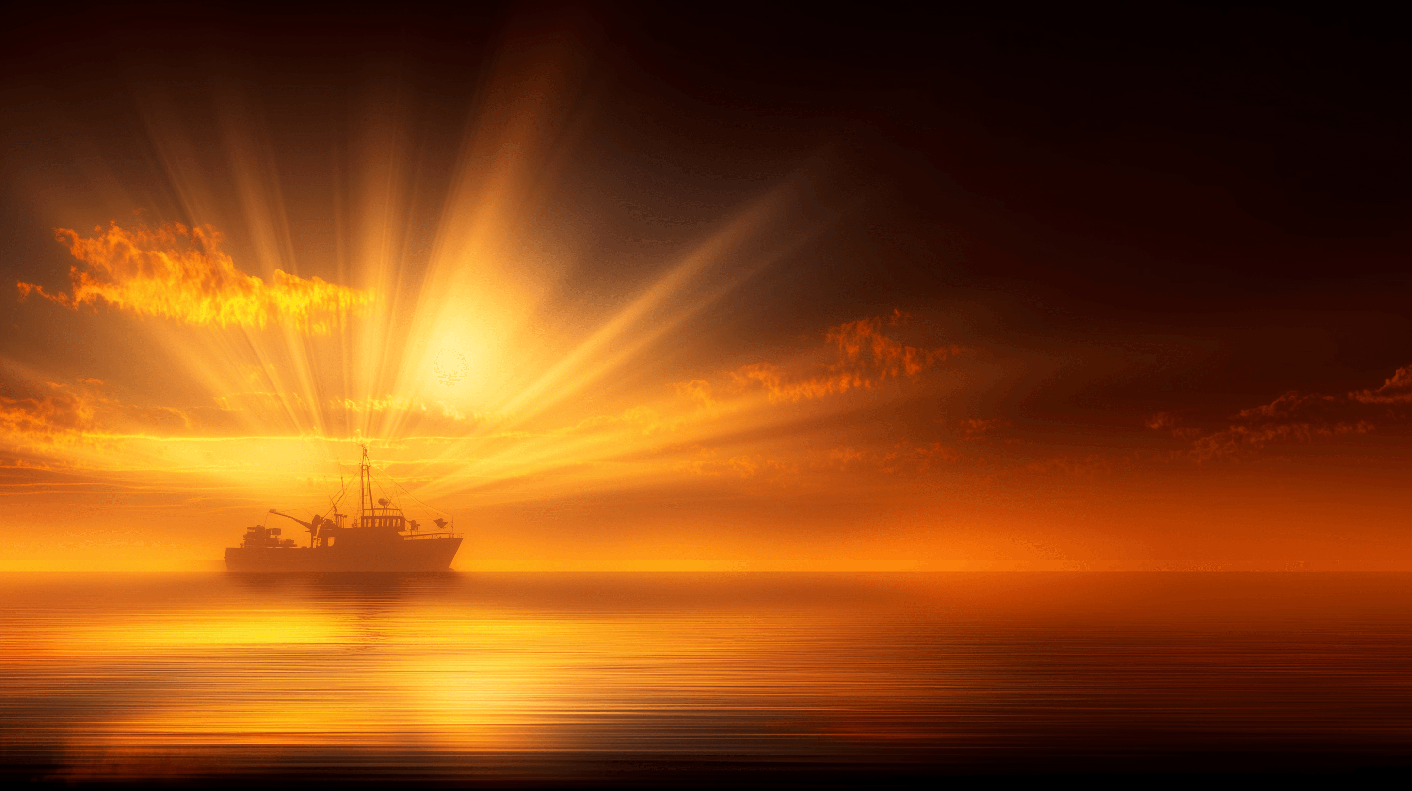Fishing vessel navigating at sea with sun in background